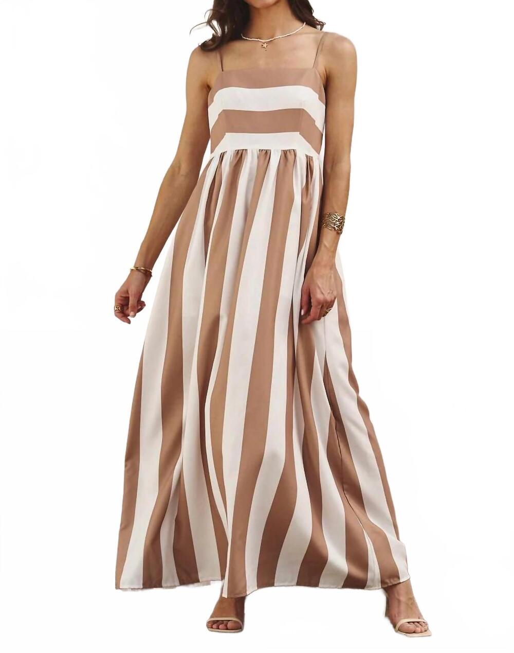 NEW URBAN DAIZY vertical stripe smocked back maxi dress in taupe